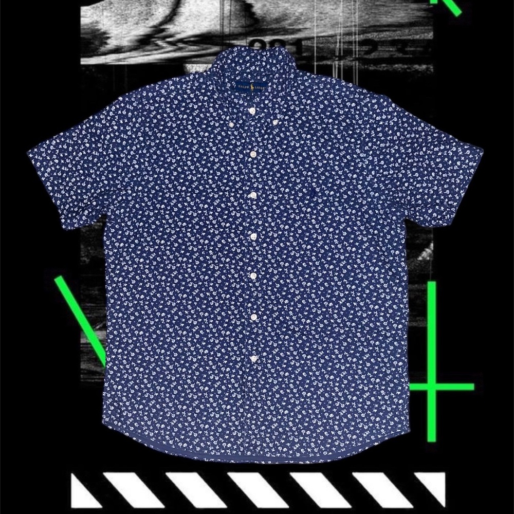 Polo Ralph Lauren Short-Sleeve Floral Print Classic Fit Button Down Shirt (Blue)